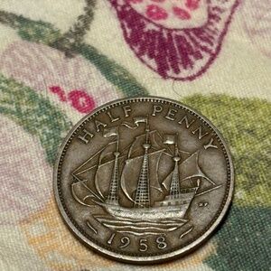 🪙 1958 United Kingdom ½ Penny — Queen Elizabeth II — Circulated - Coin - Old